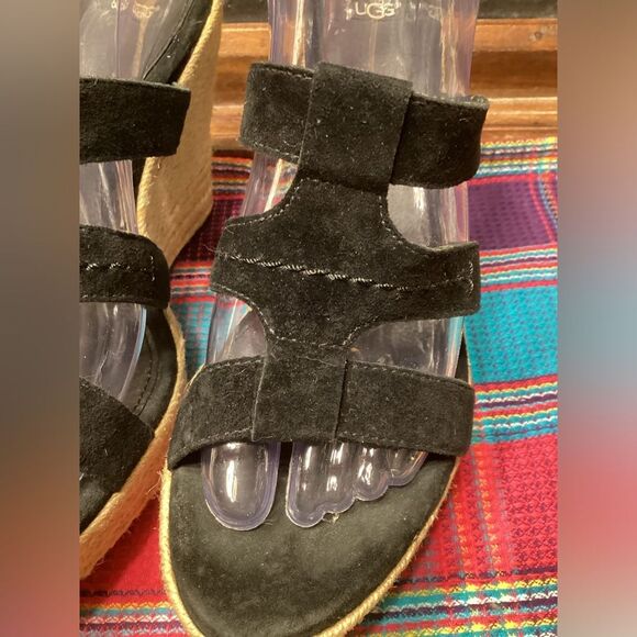 Ugg Black High Heeled Slip on Leather Sandals Braided Jute Covered Heels Sz 9 - Picture 6 of 16